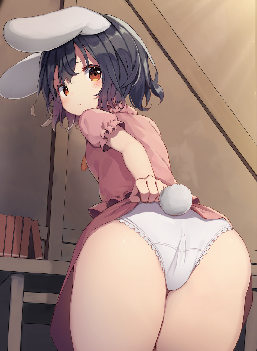 1girl, :3, absurdres, animal_ears, ass, black_hair, brown_eyes, bunny_tail