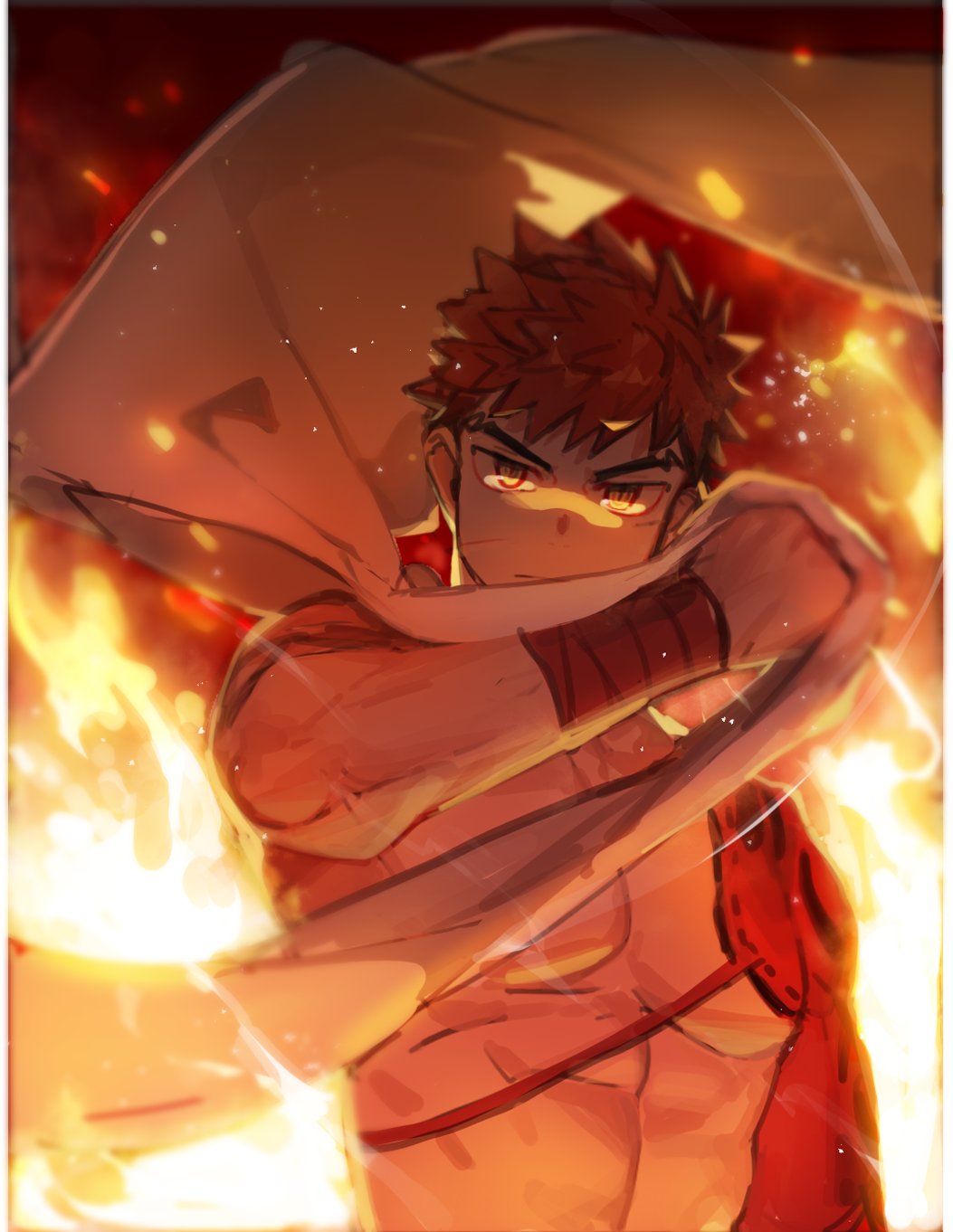 1boy, abs, bare_pecs, cape, embers, fate/grand_order, fate_(series), fire