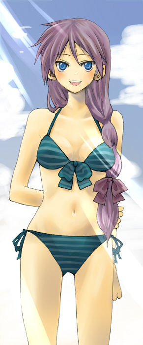 bikini, braid, hiiragi_kagami, hiiragi_miki, kochoko, long_hair, lucky_star, purple_hair, striped, striped_bikini, striped_swimsuit, swimsuit