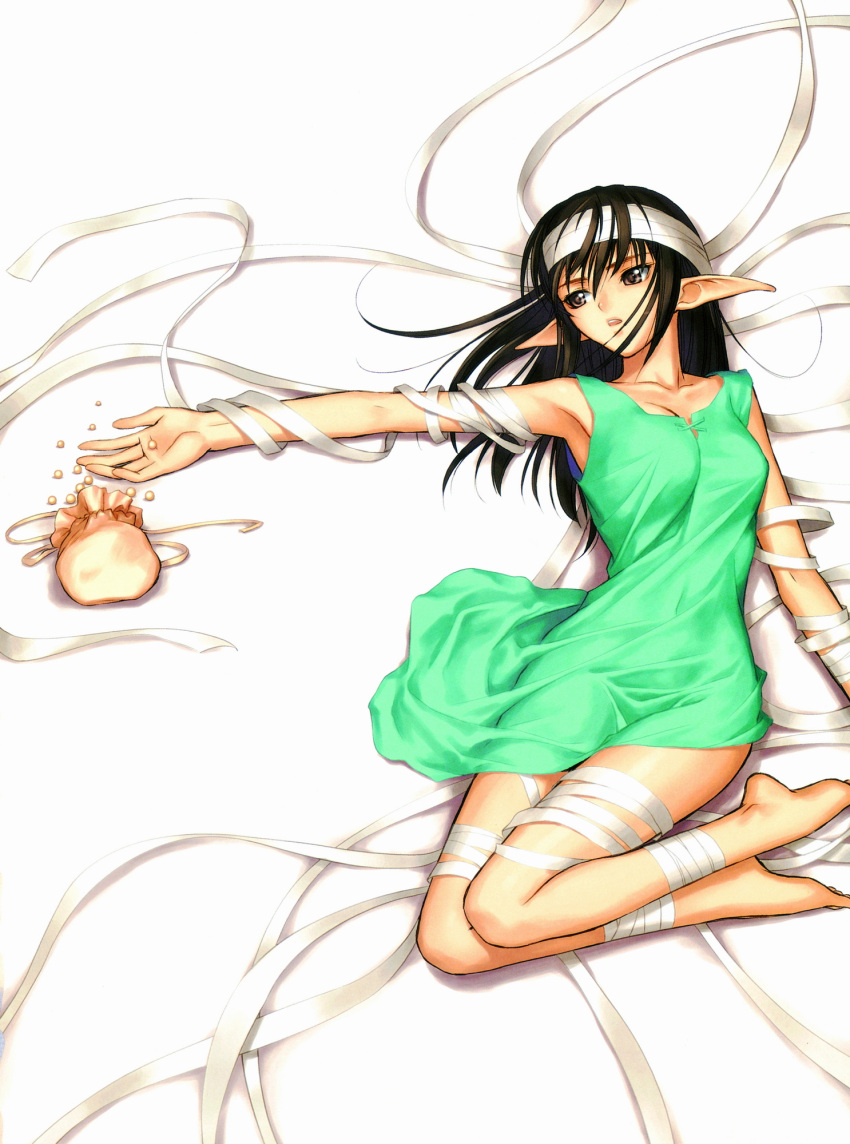armpits, bandage, bandages, barefoot, black_hair, brown_eyes, calves, collar_bone