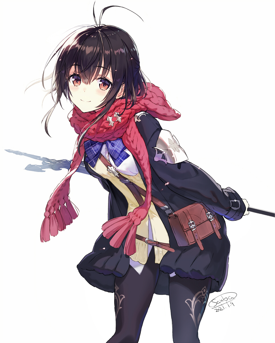 1girl, bangs, black_hair, black_jacket, black_legwear, blush, breasts, brown_cardigan