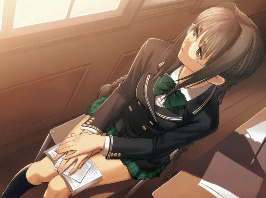 1girl, bangs, blazer, bow, bowtie, brown_hair, closed_mouth, feet_out_of_frame