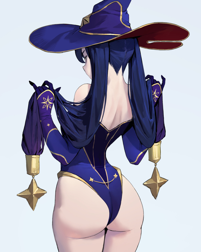 1girl, ass, back, bare_shoulders, blue_gloves, blue_hair, breasts, commentary