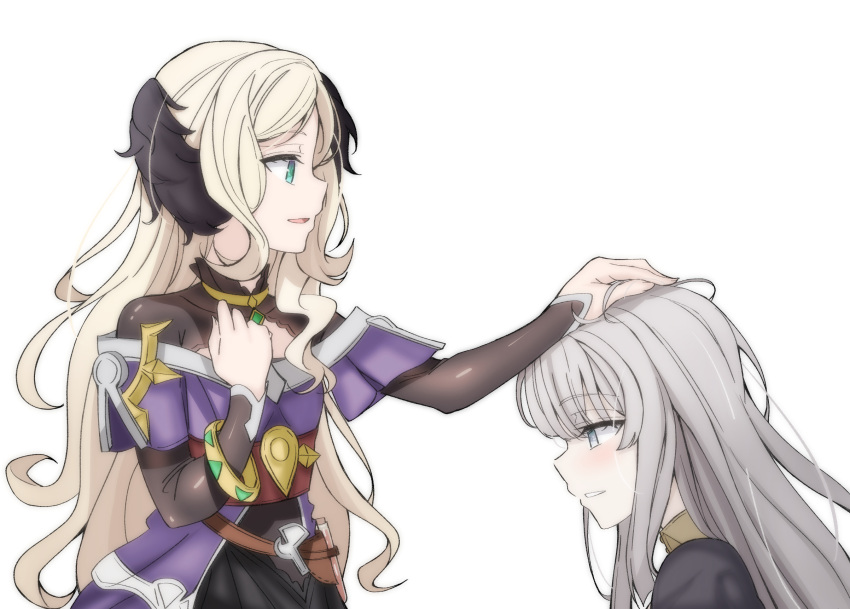 2girls, aqua_eyes, arimon_(dfrgty12), blonde_hair, dress, granblue_fantasy, grey_eyes, grey_hair