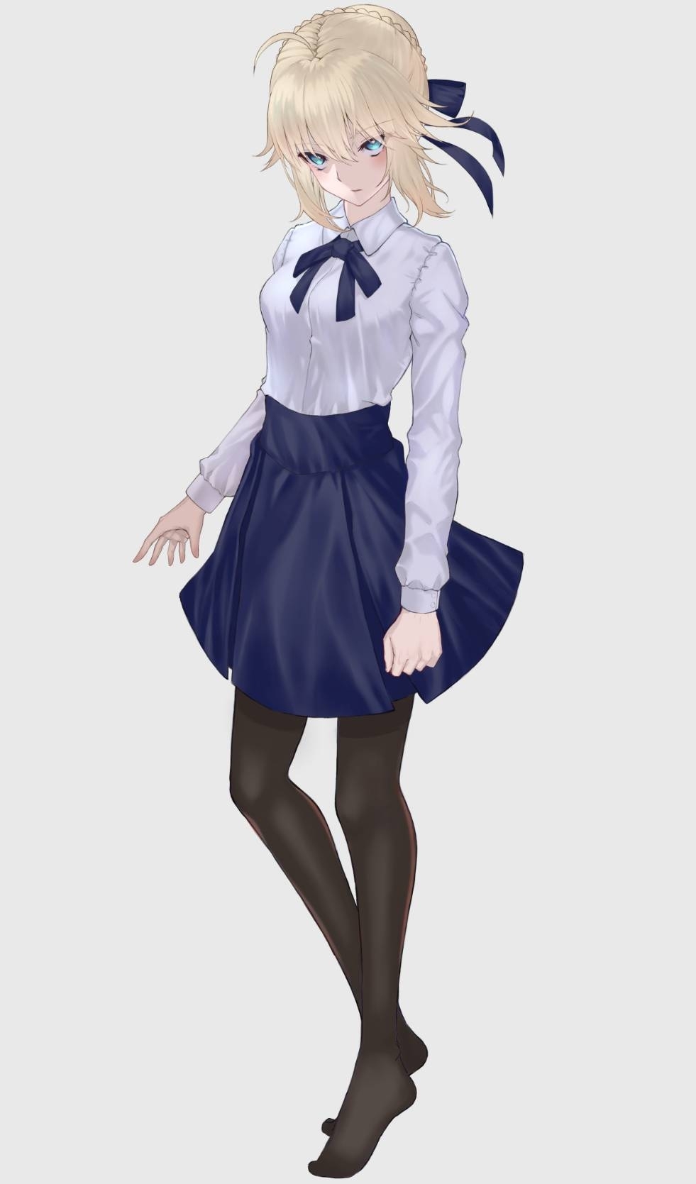 1girl, ahoge, artoria_pendragon_(all), bangs, black_legwear, blonde_hair, blue_bow, blue_eyes