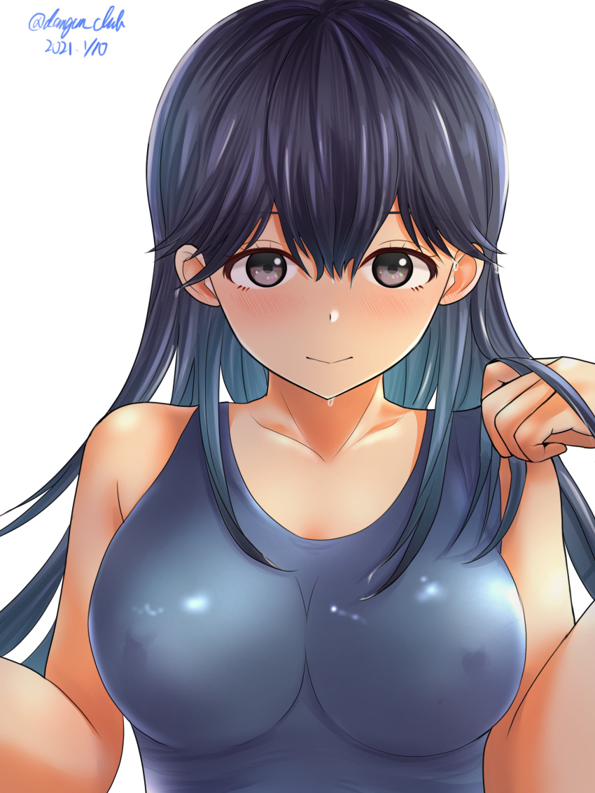 1girl, absurdres, adjusting_clothes, adjusting_swimsuit, black_hair, blue_swimsuit, breasts, collarbone, covered_nipples, dangan_kurabu, dated, hair_between_eyes, highres, kantai_collection, large_breasts, long_hair, looking_at_viewer, one-piece_swimsuit, school_swimsuit, simple_background, solo, sweat, swimsuit, twitter_username, upper_body, ushio_(kantai_collection), white_background