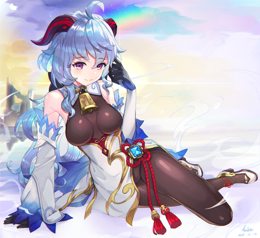 1girl, bare_shoulders, bell, black_legwear, blue_hair, blush, bodysuit, bow