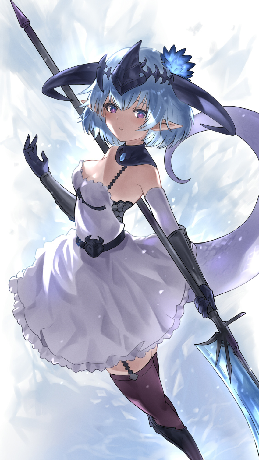 blue_flower, blue_hair, curled_horns, dragon_girl, dragon_horns, dragon_tail, dress, flower