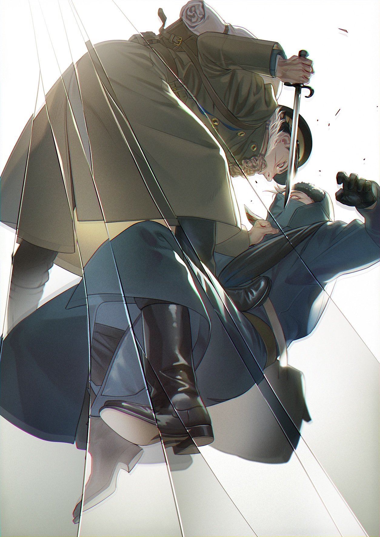 2boys, attack, backpack, bag, bayonet, belt, black_footwear, black_gloves, black_hair, black_headwear, black_pants, blonde_hair, blue_coat, boots, broken_glass, brown_belt, brown_scarf, buttons, coat, commentary, foot_on_chest, from_below, from_side, full_body, fur_hat, glass, gloves, golden_kamuy, grey_coat, hat, highres, holding, holding_another, holding_knife, holding_weapon, hood, hood_up, hooded_coat, imperial_japanese_army, kepi, knife, leather_belt, long_sleeves, looking_at_another, lying, male_focus, military, military_hat, military_uniform, multiple_boys, pants, russian_clothes, scar, scar_on_cheek, scar_on_face, scar_on_mouth, scar_on_nose, scarf, short_hair, simple_background, standing, sugimoto_saichi, two-tone_headwear, uniform, ushanka, vasily_(golden_kamuy), w55674570w, weapon, white_background, yellow_eyes, yellow_headwear