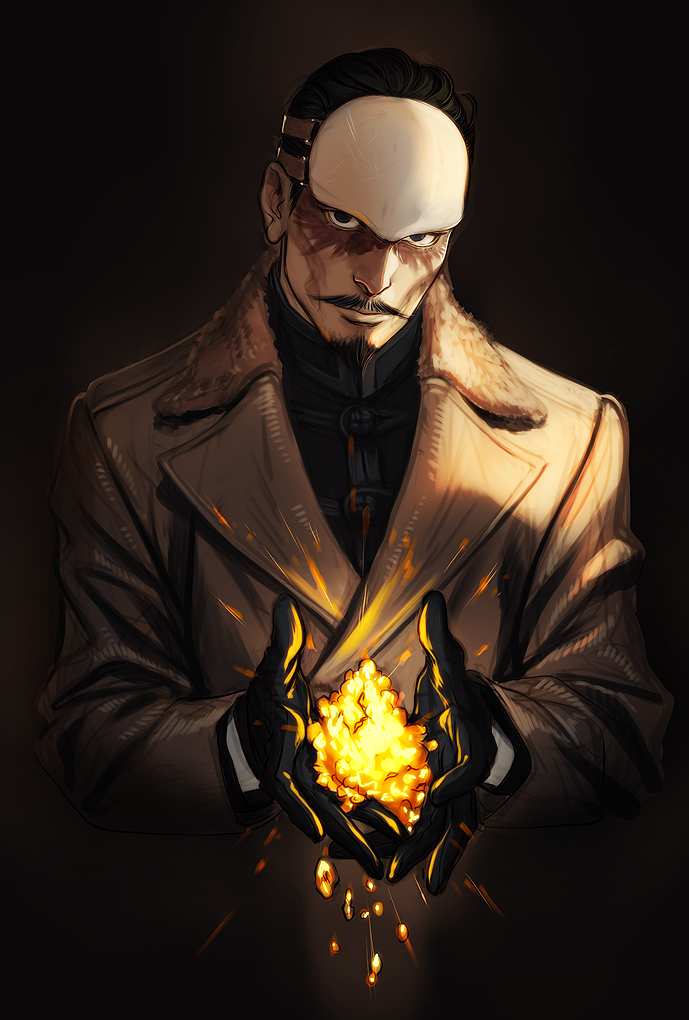 1boy, black_eyes, black_gloves, black_hair, black_jacket, brown_coat, closed_mouth, coat, collared_jacket, commentary_request, dark_background, facial_hair, forehead_protector, fur, gloves, goatee, gold, golden_kamuy, holding, imperial_japanese_army, jacket, long_sleeves, looking_at_viewer, male_focus, military, military_uniform, mustache, scar, scar_on_face, short_hair, simple_background, solo, tsurumi_tokushirou, uniform, upper_body, w55674570w