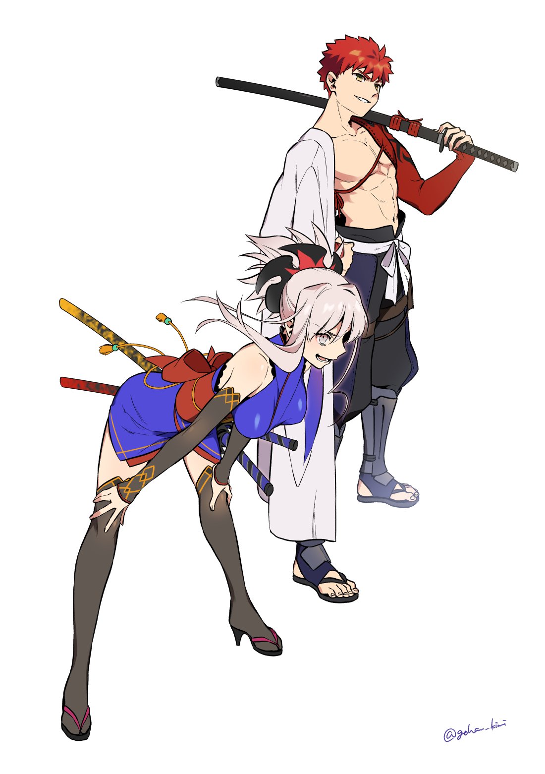1boy, 1girl, blue_kimono, emiya_shirou, fate/grand_order, fate_(series), grey_eyes, grin, hair_ornament, hands_on_own_knees, high_heels, highres, holding, holding_sword, holding_weapon, igote, japanese_clothes, katana, kimono, leaning_forward, limited/zero_over, miyamoto_musashi_(fate/grand_order), otama_(atama_ohanabatake), red_eyes, sengo_muramasa_(fate), short_kimono, silver_hair, simple_background, smile, sword, tassel, thigh-highs, toned, toned_male, twitter_username, weapon, weapon_on_back, white_background, yellow_eyes