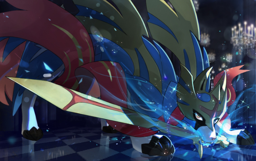 blurry, claws, commentary_request, energy, gen_8_pokemon, legendary_pokemon, mizuiro_abokado, mouth_hold