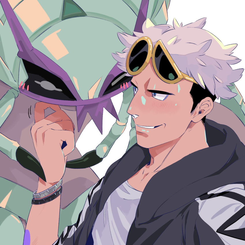 1boy, black_hair, black_hoodie, blush, bracelet, commentary_request, eyewear_on_head, gen_7_pokemon