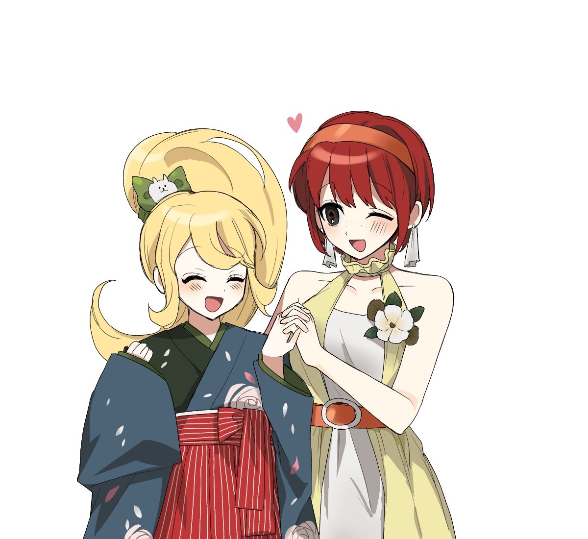 2girls, 3tn_63, :d, bangs, bare_arms, bare_shoulders, blonde_hair, blush