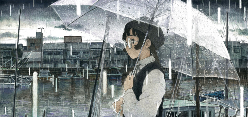 1girl, absurdres, beret, black_hair, black_headwear, black_vest, boat, braid