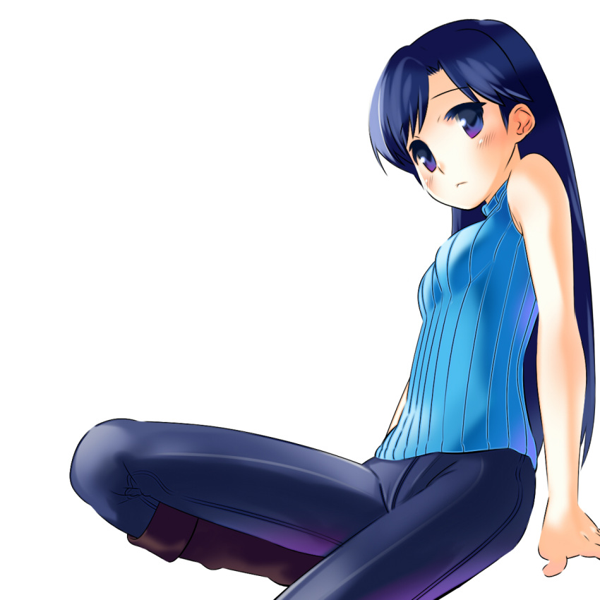 blue_hair, boots, highres, idolmaster, jeans, kisaragi_chihaya, kokono, long_hair