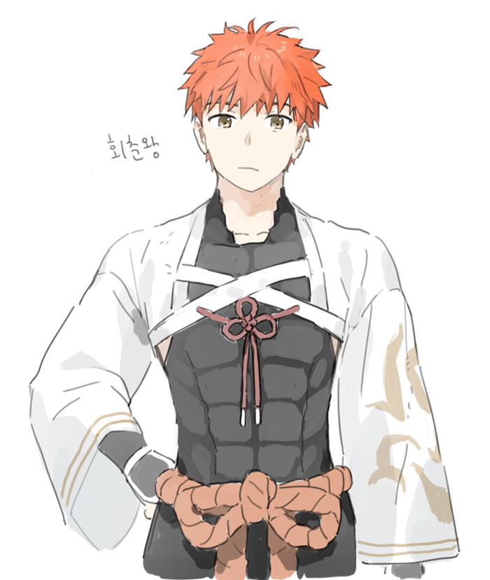 1boy, abs, bangs, cczyjs, fate/grand_order, fate_(series), hand_on_hip, korean_text