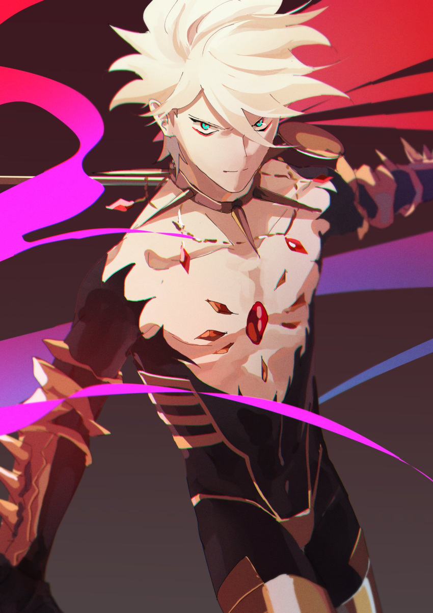 1boy, armor, blue_eyes, fate/grand_order, fate_(series), highres, jewelry, karna_(fate), koroponsu3, looking_at_viewer, male_focus, necklace, shirtless, simple_background, white_hair