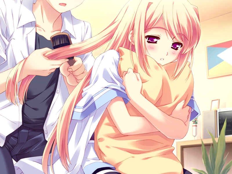 blush, hair_brush, hair_brushing, hairbrushing, kusukusu, long_hair, lulli, pillow