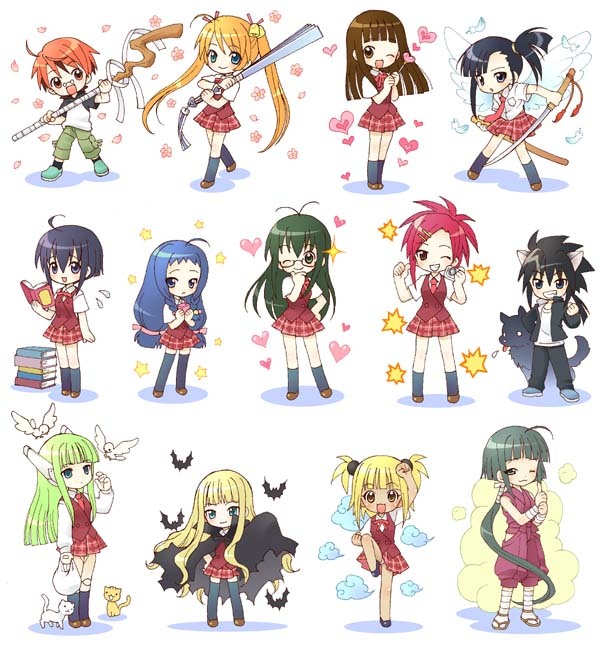 ayase_yue, bat, bats, bell, bird, birds, book, camera, cape, cat, cloud, clouds, diarium_ejus, dog, ensis_exorcizans, evangeline_a_k_mcdowell, hair_ornament, harisen, heterochromia, inugami_kotarou, kagurazaka_asuna, karakuri_chachamaru, konoe_konoka, kufei, mahou_sensei_negima, mahou_sensei_negima!, miyazaki_nodoka, nagase_kaede, negi_springfield, plaid, plaid_skirt, robot_ears, sakurazaki_setsuna, saotome_haruna, school_uniform, skirt, staff, sword, thighhighs, twintails, vampire, wand, weapon, wings, wink