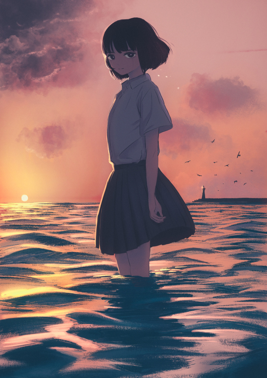 1girl, absurdres, bird, black_hair, black_skirt, collared_shirt, deg_(deguana), highres, horizon, orange_sky, original, partially_submerged, pleated_skirt, shirt, short_hair, short_sleeves, skirt, sky, solo, sunset, twilight, water, white_shirt