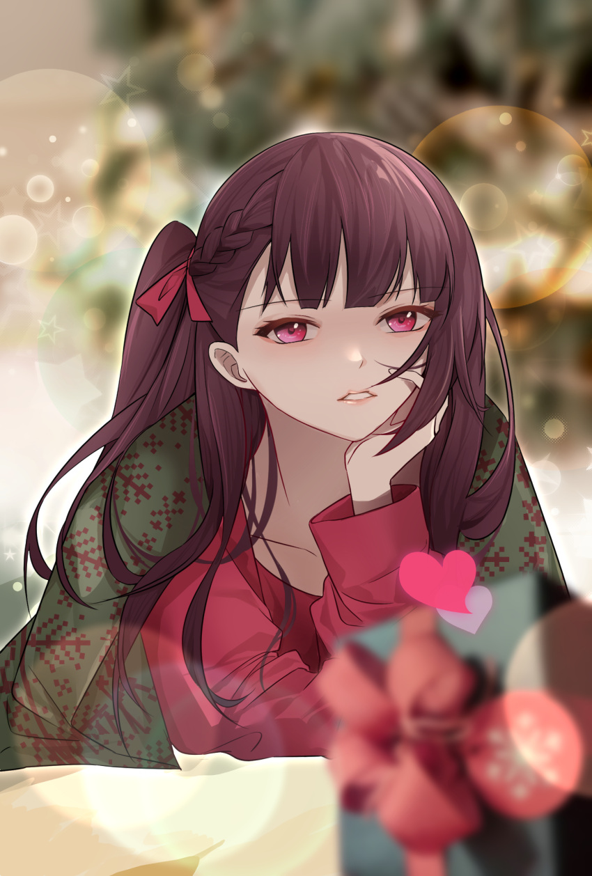 1girl, braid, christmas, danxing_aipangzi, eyebrows_visible_through_hair, french_braid, gift, girls_frontline, hair_ribbon, hand_on_head, highres, jacket, lips, long_hair, looking_at_viewer, pink_ribbon, pink_shirt, purple_hair, ribbon, shirt, solo, violet_eyes, wa2000_(girls_frontline)