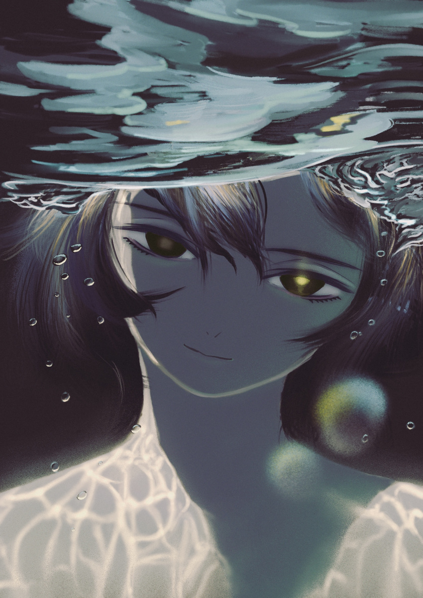 1girl, absurdres, black_background, black_eyes, black_hair, bubble, caustics, deg_(deguana), highres, looking_at_viewer, original, portrait, shadow, short_hair, smile, solo, underwater