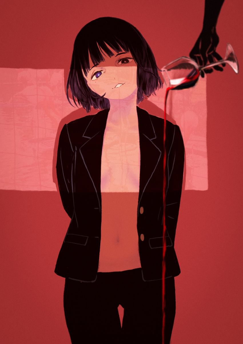 1girl, absurdres, alcohol, black_coat, black_hair, black_pants, coat, cowboy_shot