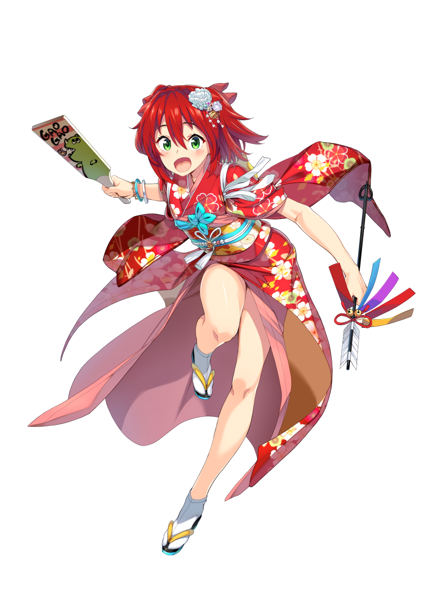 1girl, akari_sonozaki, arrow_(projectile), bangs, bracelet, breasts, escalation_heroines, floral_print, flower, full_body, green_eyes, hair_flower, hair_ornament, holding, holding_arrow, holding_paddle, japanese_clothes, jewelry, kimono, medium_hair, obi, open_mouth, red_kimono, redhead, sandals, sash, simple_background, solo, tabi, white_background, white_footwear