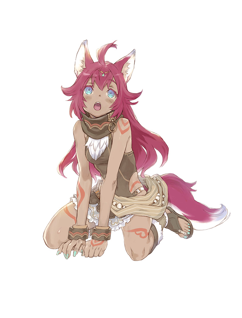 1girl, ahoge, animal_ears, bangs, blue_eyes, blue_nails, bodypaint, bracelet, breasts, dark_skin, dark-skinned_female, full_body, jewelry, long_hair, looking_up, nail_polish, official_art, purple_hair, rune_factory, rune_factory_5, sandals, simple_background, skirt, solo, tail, toenail_polish, white_background
