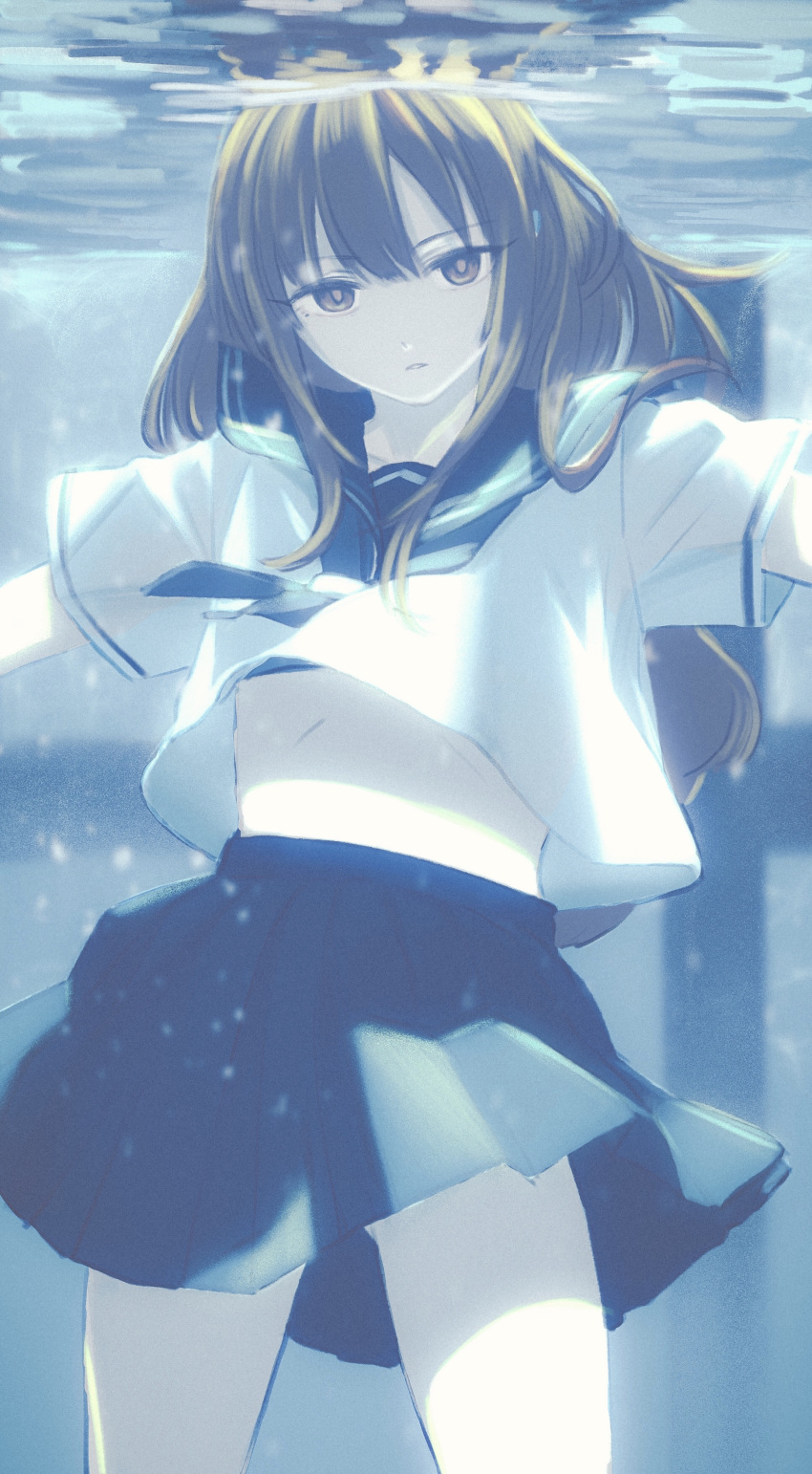 1girl, absurdres, bangs, black_neckwear, black_sailor_collar, black_skirt, blonde_hair, brown_eyes, cowboy_shot, deg_(deguana), highres, idolmaster, idolmaster_cinderella_girls, long_hair, looking_at_viewer, midriff, mizumoto_yukari, neckerchief, parted_bangs, sailor_collar, shirt, short_sleeves, skirt, solo, underwater, white_shirt