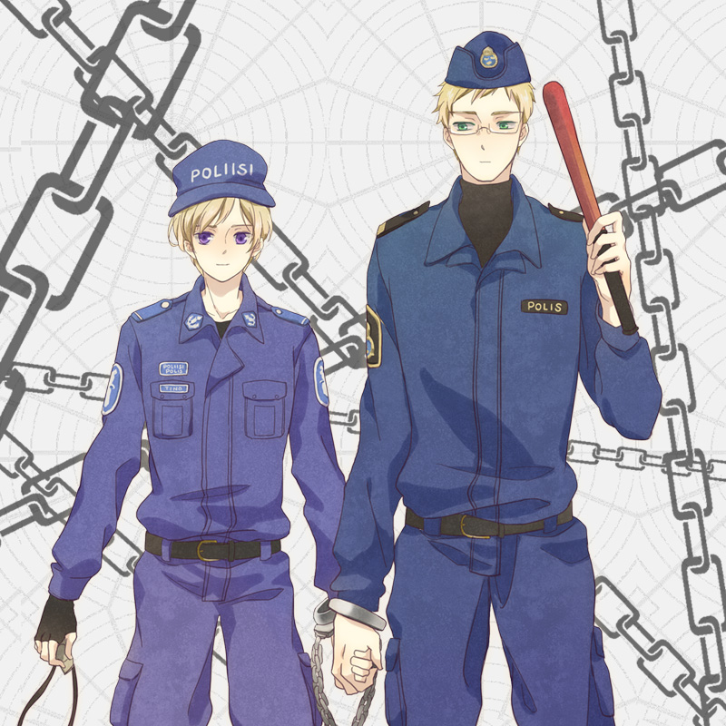 2boys, axis_powers_hetalia, baseball_cap, baton, belt, belt_buckle, black_belt, black_sweater