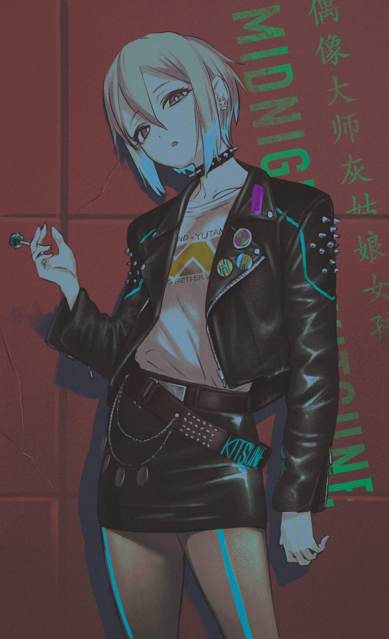 1girl, belt, black_collar, black_jacket, black_skirt, blonde_hair, candy, collar