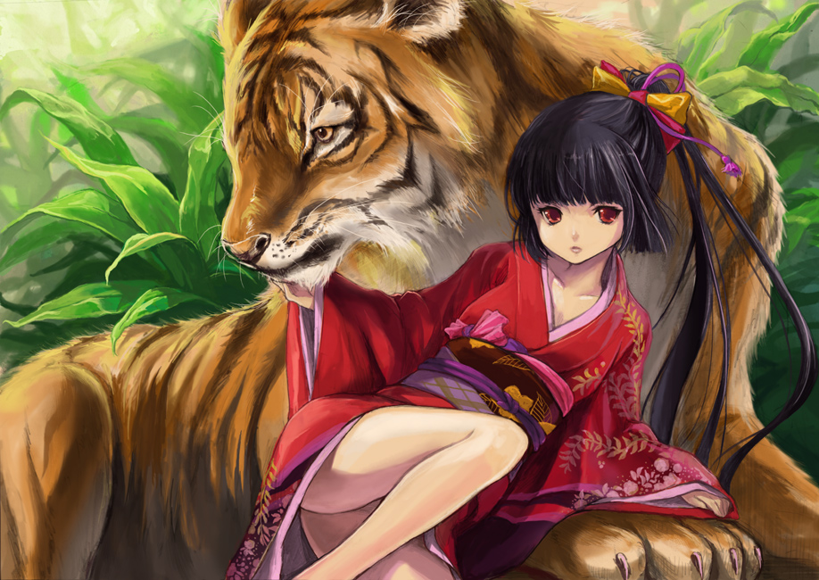 black_hair, degrees_celsius, hair_ribbon, japanese_clothes, kimono, long_hair, original, ponytail