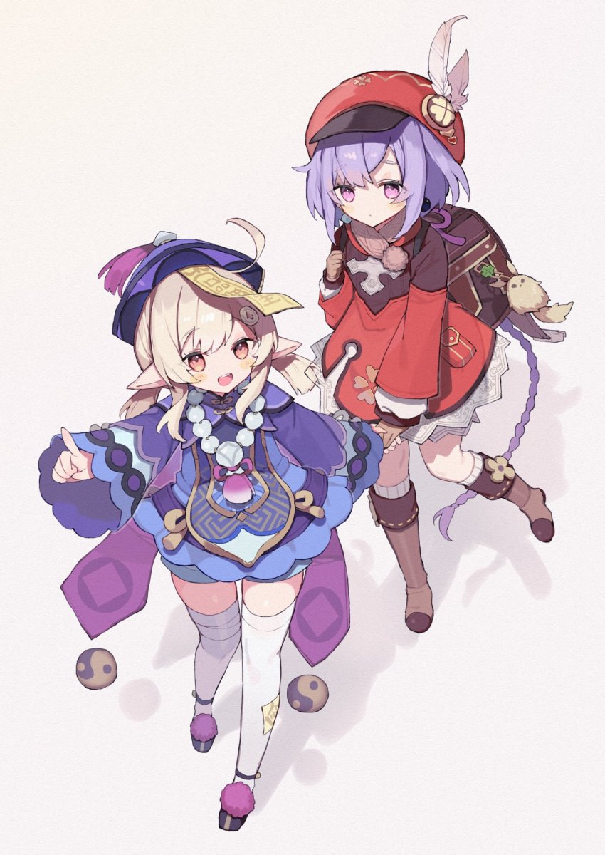 2girls, :d, ahoge, backpack, bag, bandaged_leg, bandages, bangs