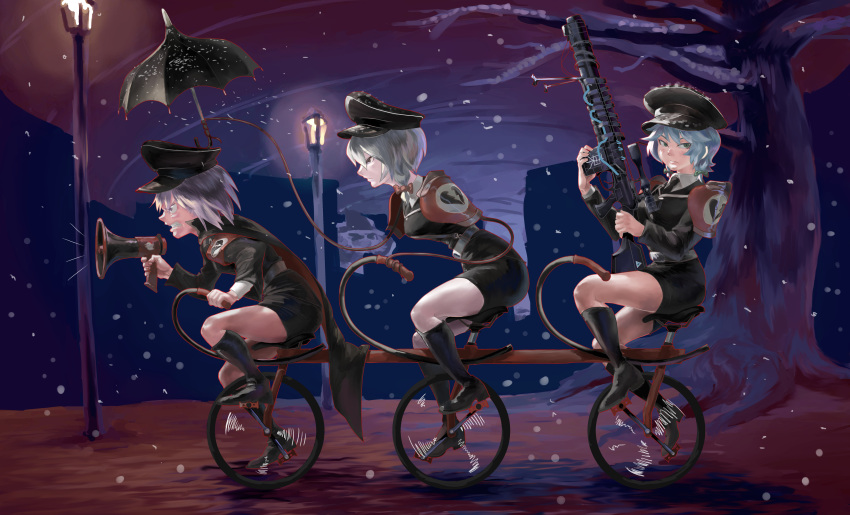 3girls, absurdres, angry, armor, bangs, bicycle, bipod, bird