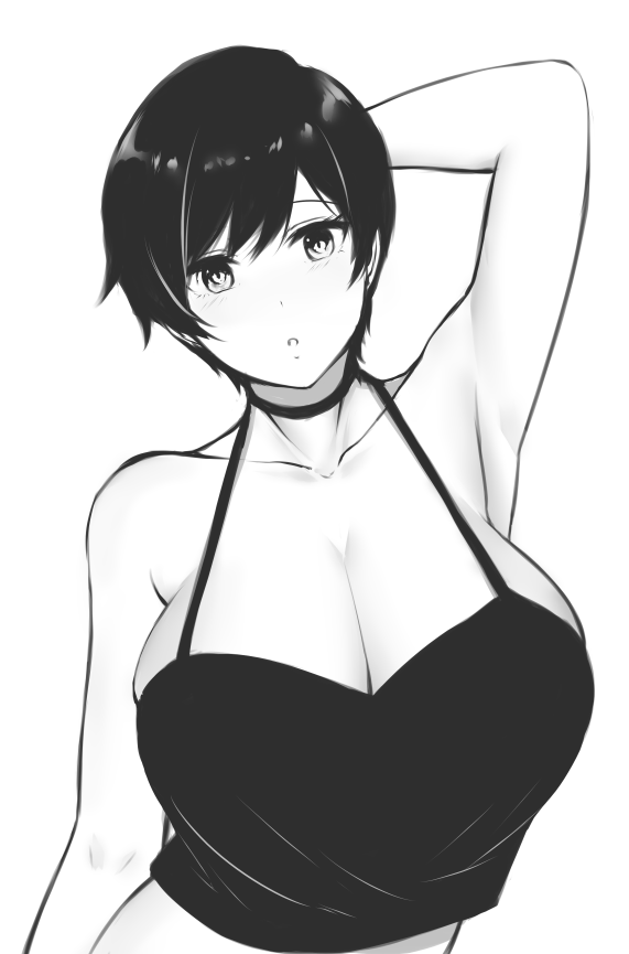 1girl, arm_behind_head, arm_up, armpits, bangs, bare_shoulders, black_choker, breasts