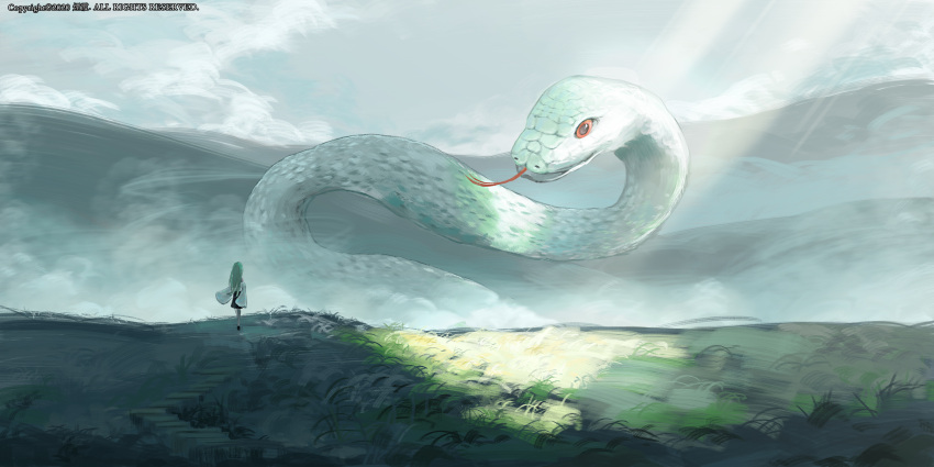 1girl, absurdres, animal, black_footwear, blue_skirt, childwolf, chinese_commentary, clouds