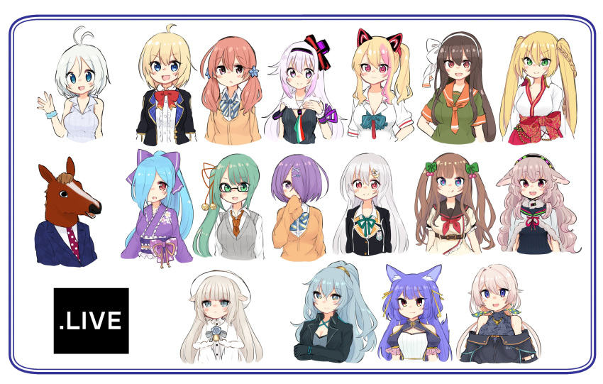 .live, 6+girls, absurdres, animal_ears, bacharu_(youtube), carro_pino, commentary_request, glasses, gloves, hair_ornament, hair_over_one_eye, hair_ribbon, headband, highres, jacket, kagura_suzu_(.live), kakyouin_chieri, kitakami_futaba, kongou_iroha, long_hair, merry_milk, merry_milk_no_mori, mokota_mememe, mokumokuuma, multiple_girls, nanahoshi_milily, nekonoki_mochi, open_mouth, ribbon, rikumu, rurun_rururica, school_uniform, siro_(dennou_shoujo_youtuber_siro), smile, ushimaki_riko, virtual_youtuber, x_hair_ornament, yaezawa_natori, yamato_iori, yozakura_tama
