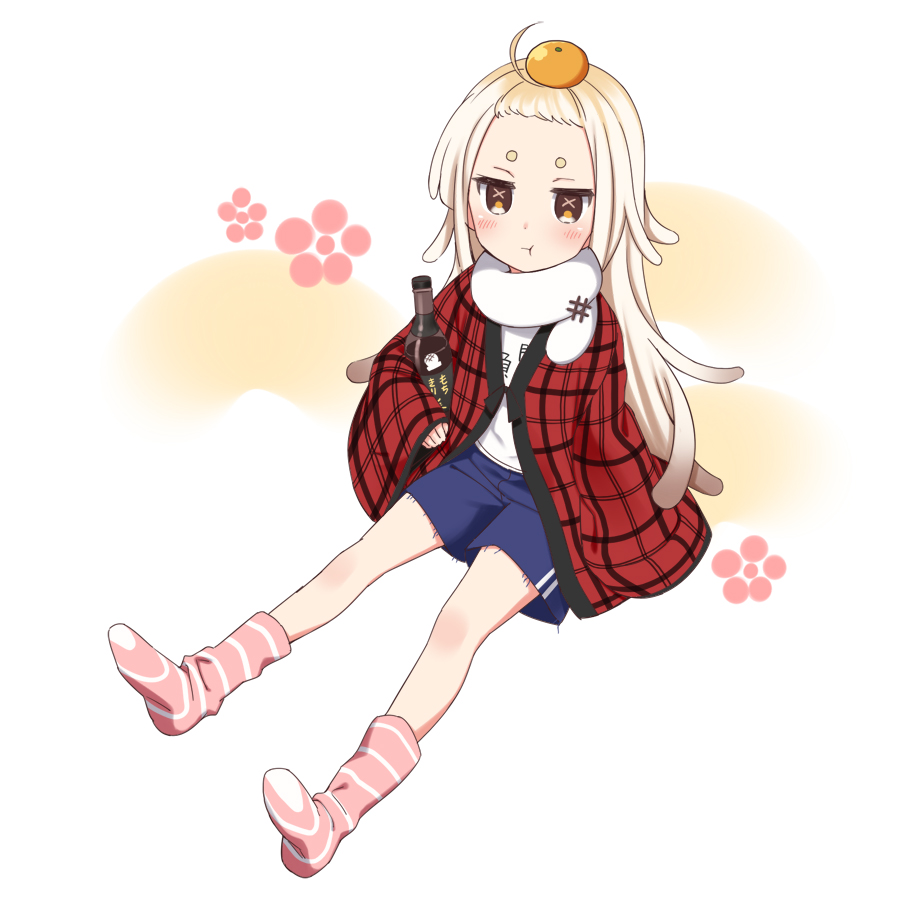 1girl, :t, blue_shorts, blush, bottle, brown_eyes, closed_mouth, food, food_on_head, fruit, full_body, gym_shorts, kisaragi_hina, light_brown_hair, long_hair, long_sleeves, looking_at_viewer, mandarin_orange, no_shoes, object_on_head, open_clothes, pink_lips, pout, saigou_r_irori, sana_channel, shirt, short_eyebrows, short_shorts, shorts, sitting, sleeves_past_wrists, socks, soles, solo, striped, striped_legwear, thick_eyebrows, very_long_hair, virtual_youtuber, white_shirt, wide_sleeves