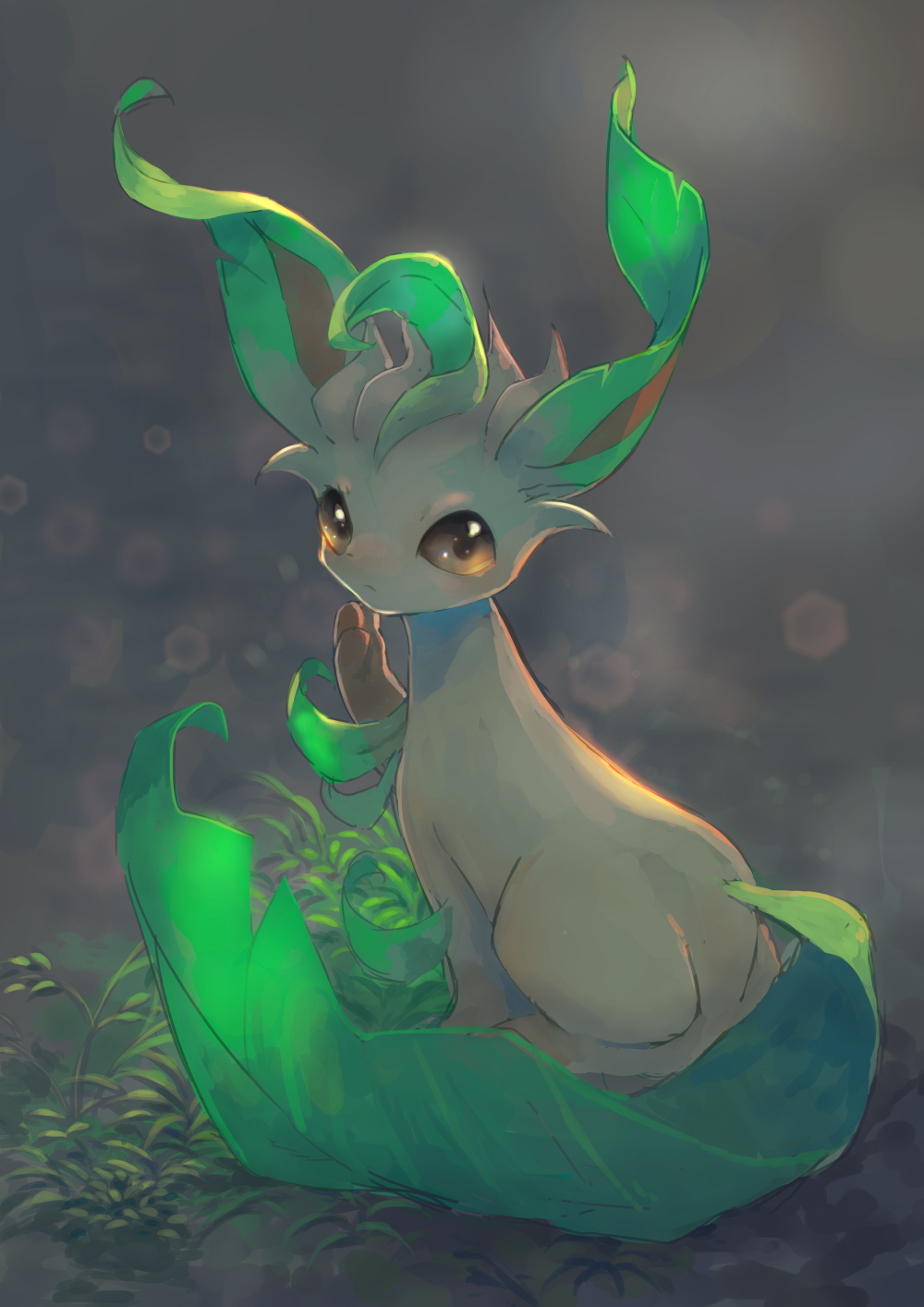brown_eyes, closed_mouth, commentary, full_body, gen_4_pokemon, grass, highres, kikuyoshi_(tracco), leafeon, looking_at_viewer, looking_back, no_humans, paws, pokemon, pokemon_(creature), solo, toes