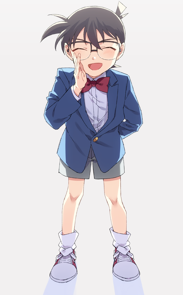 1boy, :d, ^_^, arm_behind_back, bangs, blazer, bow, bowtie