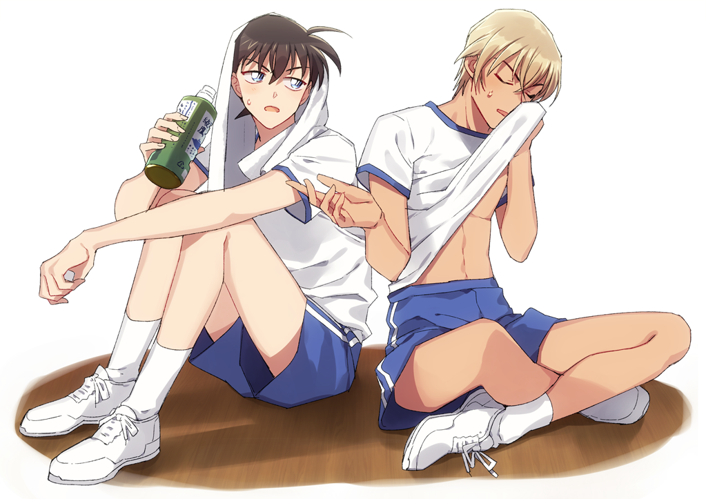 2boys, amuro_tooru, bangs, blonde_hair, blue_eyes, blue_shorts, bottle, brown_hair