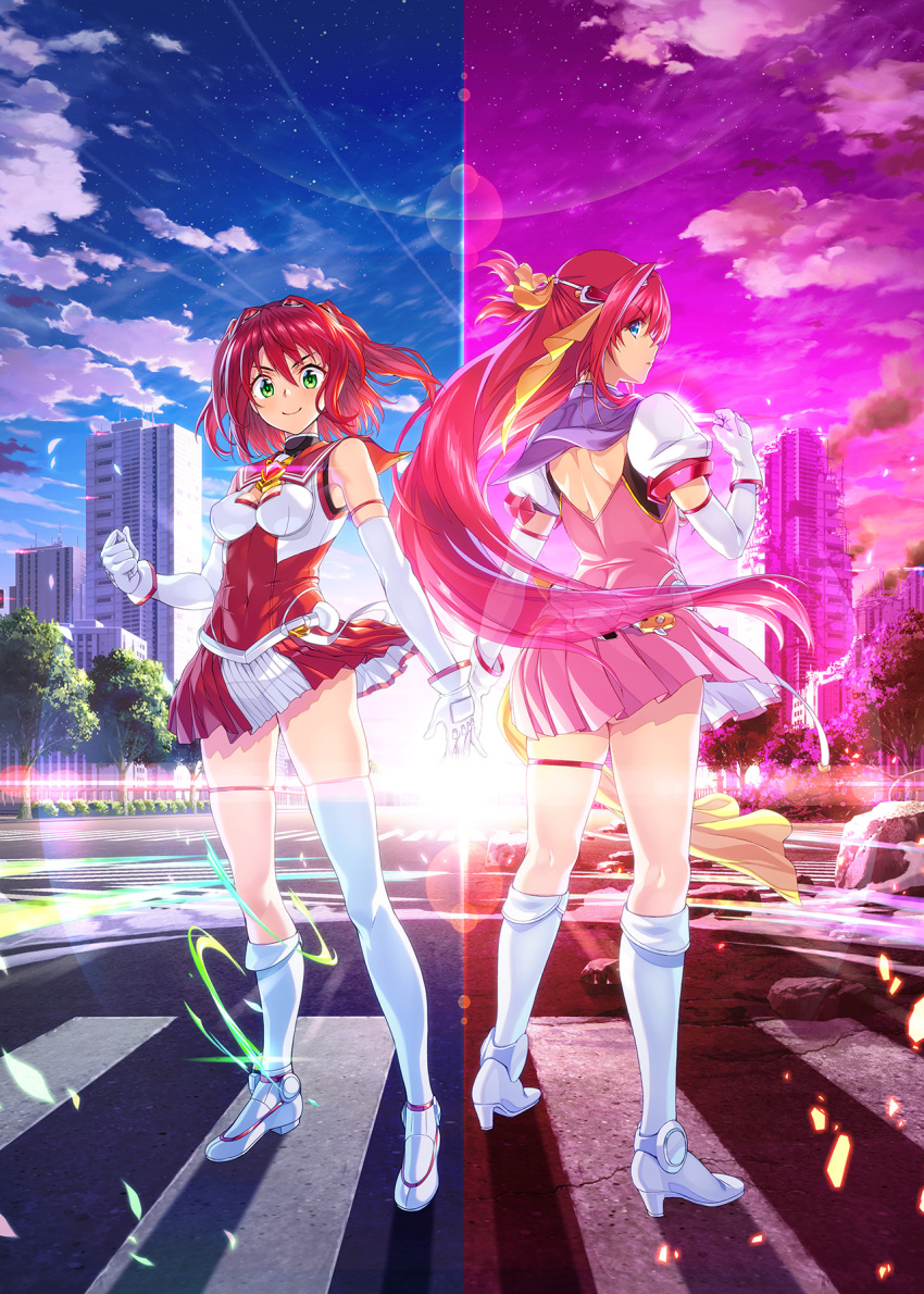 2girls, akari_sonozaki, asymmetrical_legwear, bangs, breasts, covered_navel, elbow_gloves, escalation_heroines