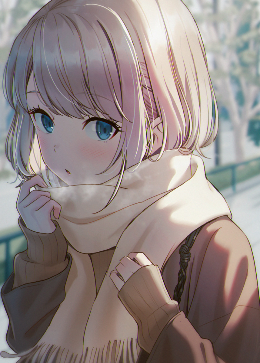 1girl, adjusting_clothes, beige_neckwear, beige_scarf, blue_eyes, blurry, blurry_background, blush