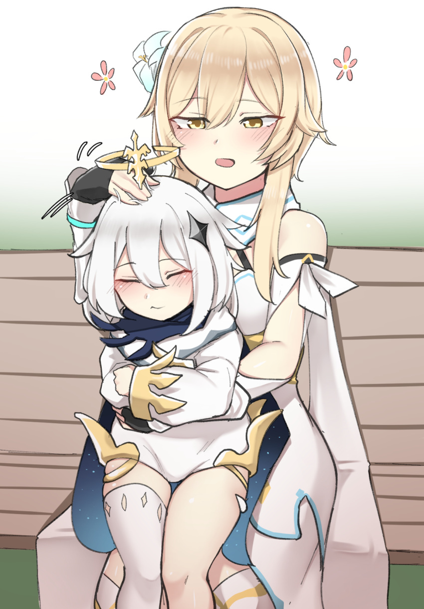 2girls, bench, blonde_hair, blush, closed_eyes, flower, genshin_impact, hair_flower