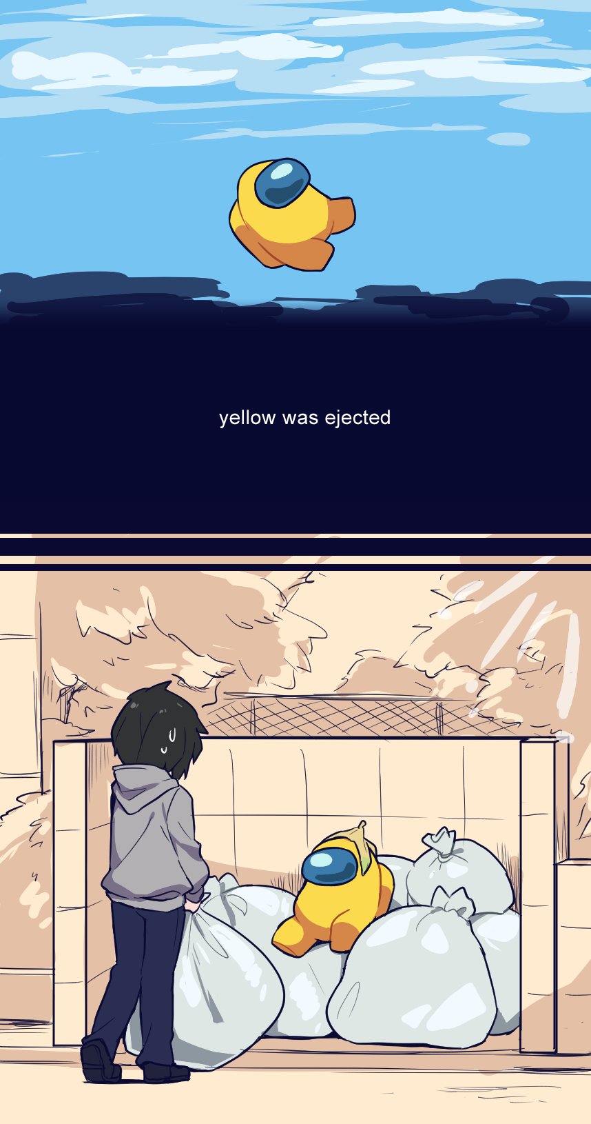 2others, ambiguous_gender, among_us, banana_peel, black_hair, blue_sky, crewmate_(among_us), english_text