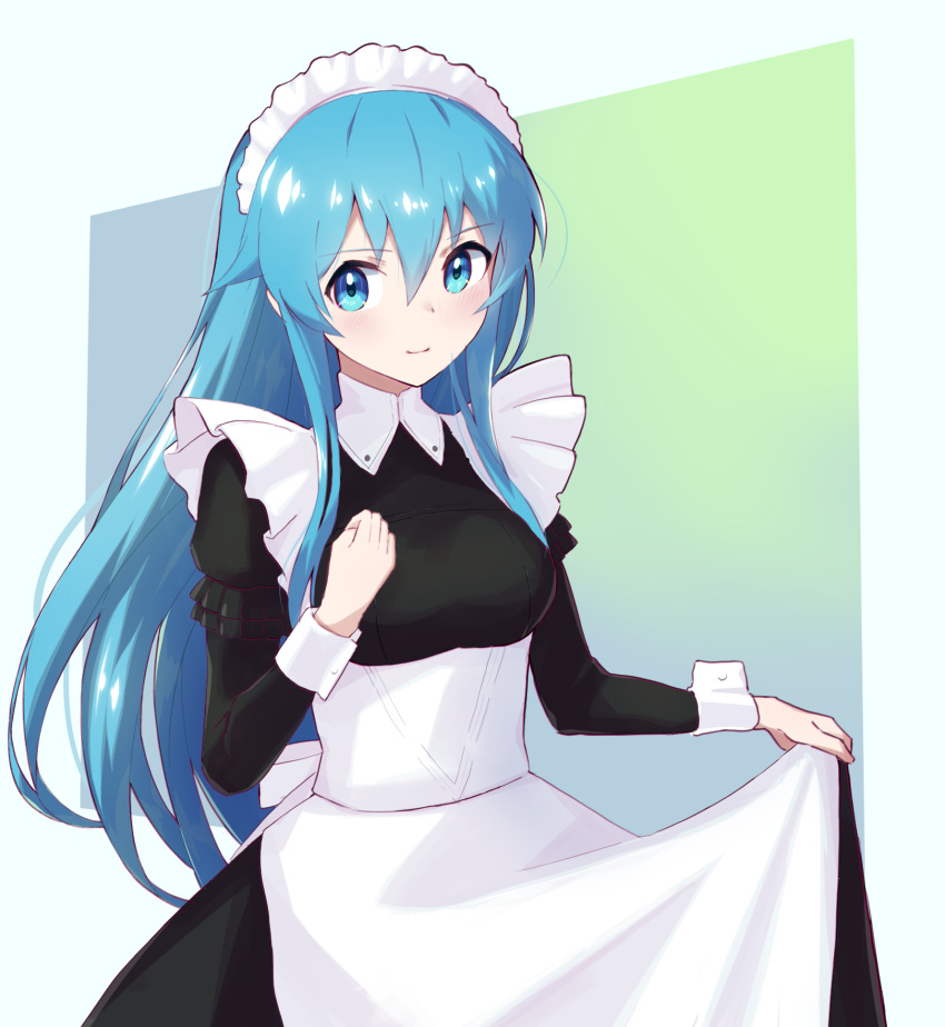 1girl, alternate_costume, apron, aqua_eyes, aqua_hair, bangs, blush, clenched_hand