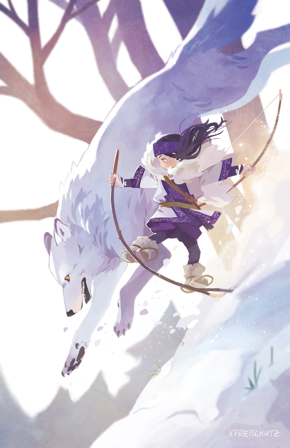 1girl, ainu, ainu_clothes, animal, artist_name, asirpa, bandana, black_eyes, black_hair, black_pants, blue_bandana, boots, bow_(weapon), cape, closed_mouth, commentary, day, ear_piercing, earrings, from_side, full_body, fur_cape, golden_kamuy, highres, holding, holding_bow_(weapon), holding_weapon, hoop_earrings, jewelry, kokirikiwi, long_hair, long_sleeves, looking_away, looking_to_the_side, open_mouth, outdoors, pants, piercing, retar, running, smile, snow, tree, weapon, white_cape, white_footwear, white_wolf, wolf, yellow_eyes