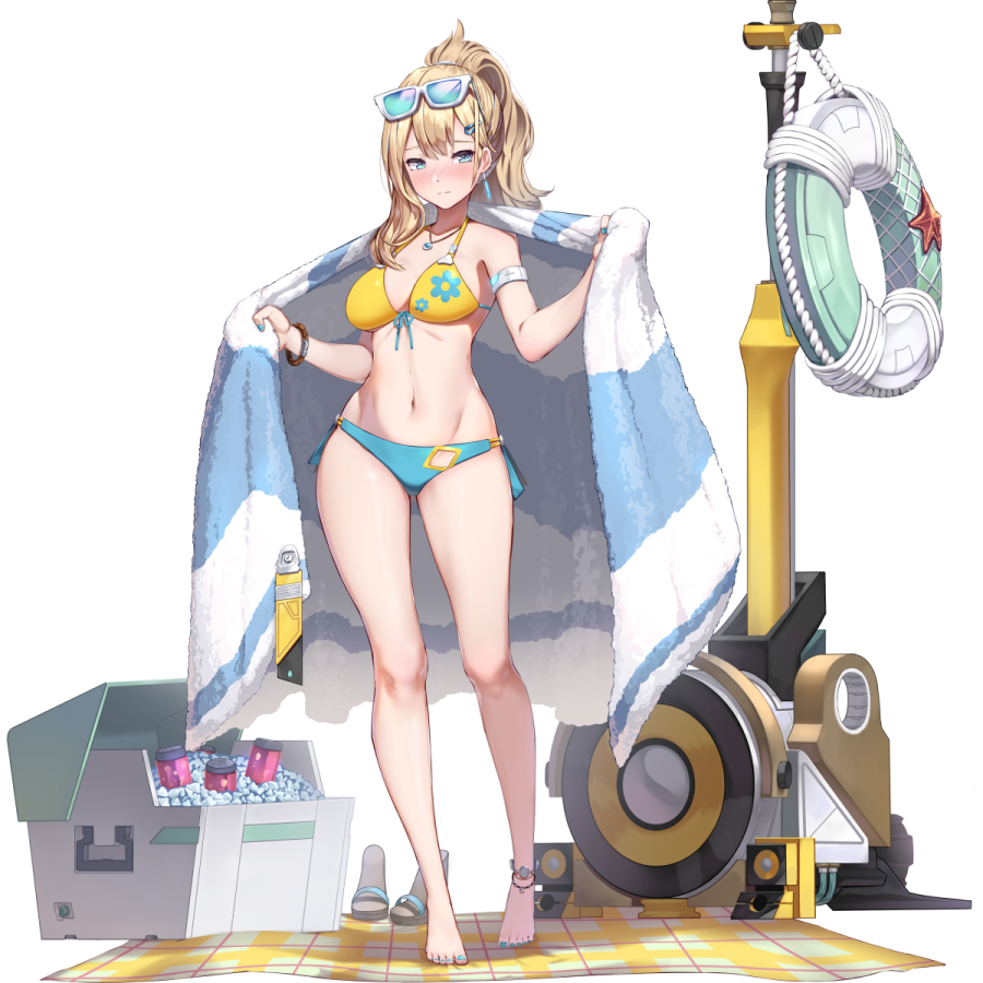 1girl, armband, artist_request, bikini, blonde_hair, blue_eyes, blue_nails, blush, closed_mouth, cooler, embarrassed, eyebrows_visible_through_hair, eyewear_on_head, final_gear, front-tie_bikini, front-tie_top, hair_ornament, hairclip, jewelry, long_hair, looking_away, margaret_(final_gear), nail_polish, navel, necklace, official_art, pendant, ponytail, sandals, side-tie_bikini, simple_background, single_sidelock, solo, standing, sunglasses, swimsuit, toenail_polish, towel, transparent_background